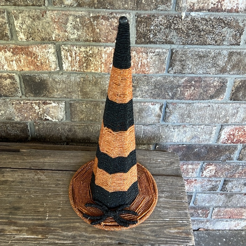 Beaded Halloween orange and black witch hat decor spider detail 15 in tall - Picture 9 of 10